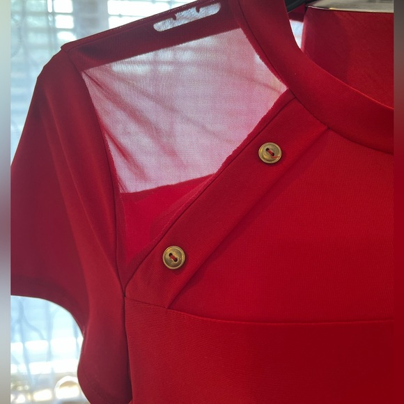 Sheer bodice, red slinky blouse from Adele & May, large. - Picture 6 of 14